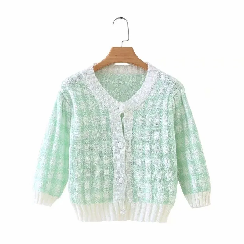 Vooridol vintage plaid bijgesneden vest vrouwen herfst winter geruite groene korte vest gebreide roze cardigan trui. 210415