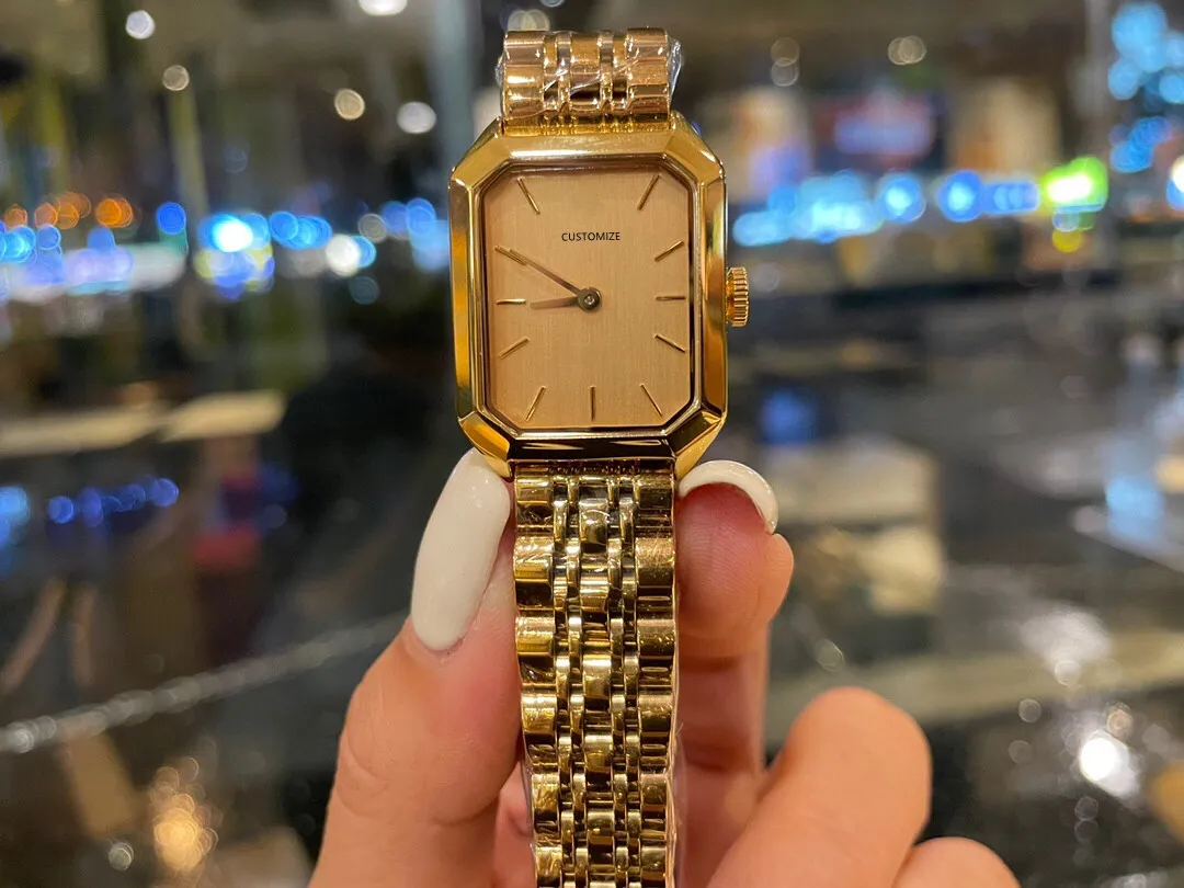 새로운 여성 쿼츠 손목 시계 스테인리스 스틸 기하학적 다각형 시계 옐로우 골드 블루 그린 다이얼 여성 시계 24mm