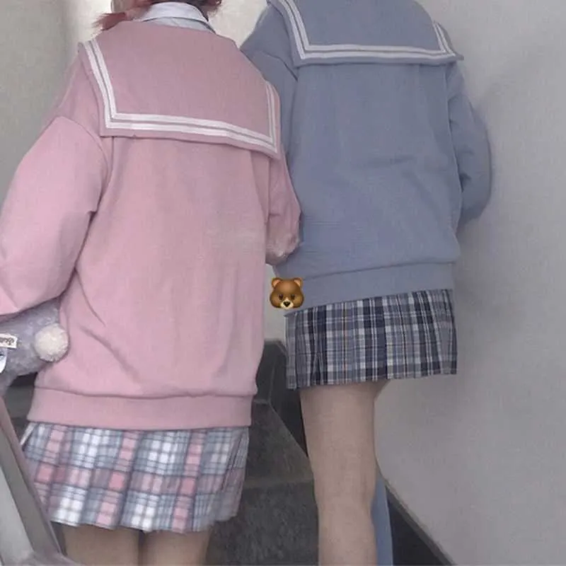 QWEEK Kawaii Zip Up Hoodie Sailor Collar Sweatshirt Japan Style Long Sleeve Cute Tops for Teens JK Pink Navy Soft Girl Kpop 210803