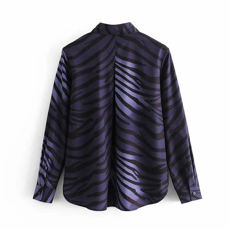 ZA Zebra Print Vintage Shirt Women Long Sleeve Lapel Collar Office Lady Top Female Fashion Button Fitted Shirts 210602