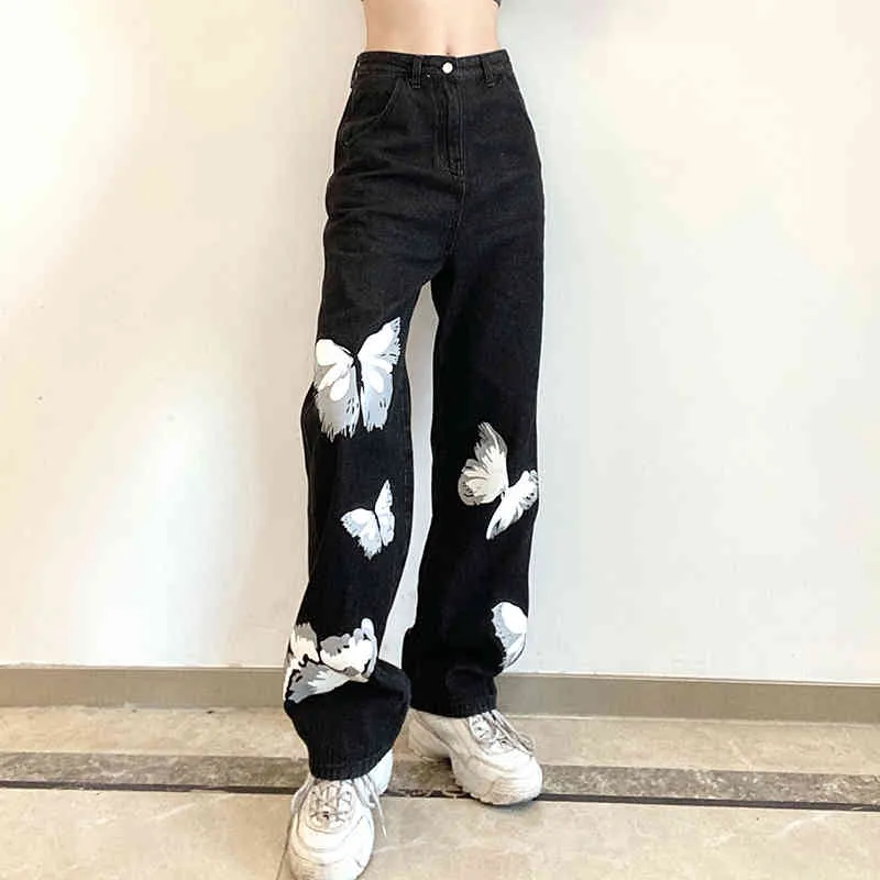 Papillon Imprimer Noir Y2K Denim Pantalon Femmes Mode Jeans Pour Filles Vintage Taille Haute Pantalon Femme Capris Streetwear 210415