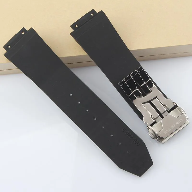 Titta på band Black 29 19mm konvex mungummi Watchband för Hublo T Big Ban g rostfritt stål distributionslås Trap3085236D