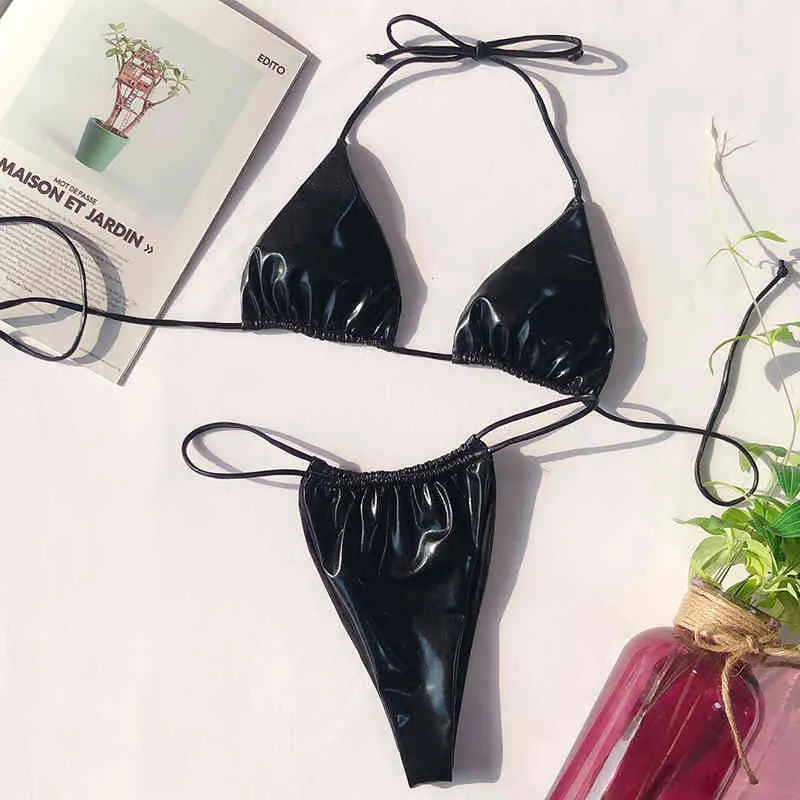 String mikro bikini seksowne winylowe stroje kąpielowe Kobiety Kąpiec Kąpiec Kącz o kantar stały kolor stroju kąpiel gimnasty