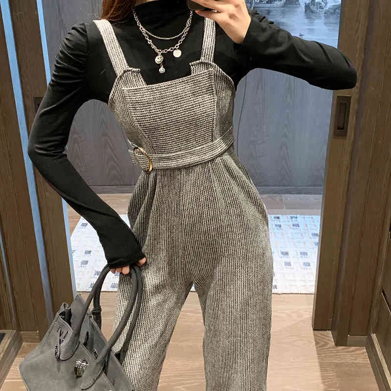 Spring Autumn Woman Solid Turtleneck Long Sleeve T-Shirt + Gray Wool Jumpsuits Office Rompers Sets with Belt 210514