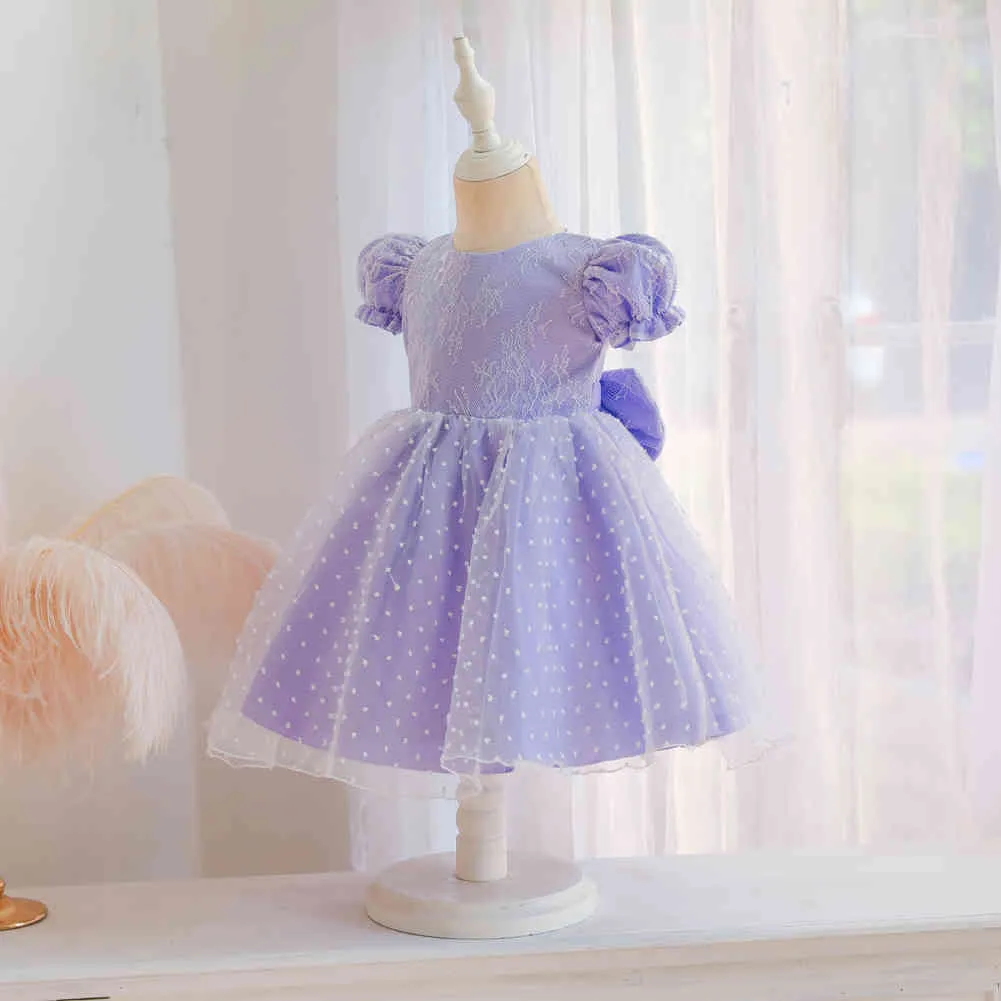 6M-5Y Maluch Niemowlę Baby Kid Girls Sukienka Koronki Bow Puff Rękaw Tulle Party Wedding Birthday Dresses dla 210515