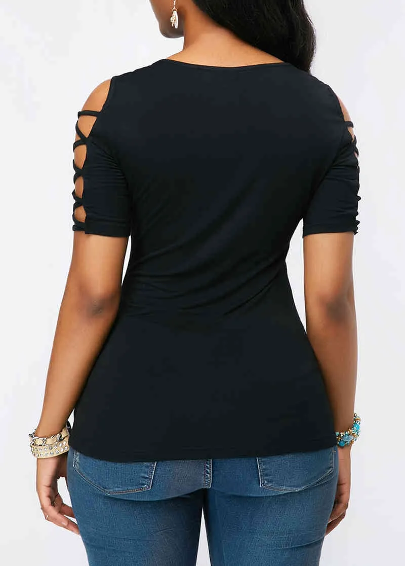 Kayotuas Kvinnor T-shirt Personlighet Fashion Off-the-Shoulder Round Neck Sommar Kortärmad Floral Lace Slim Tops Streetwear 210522
