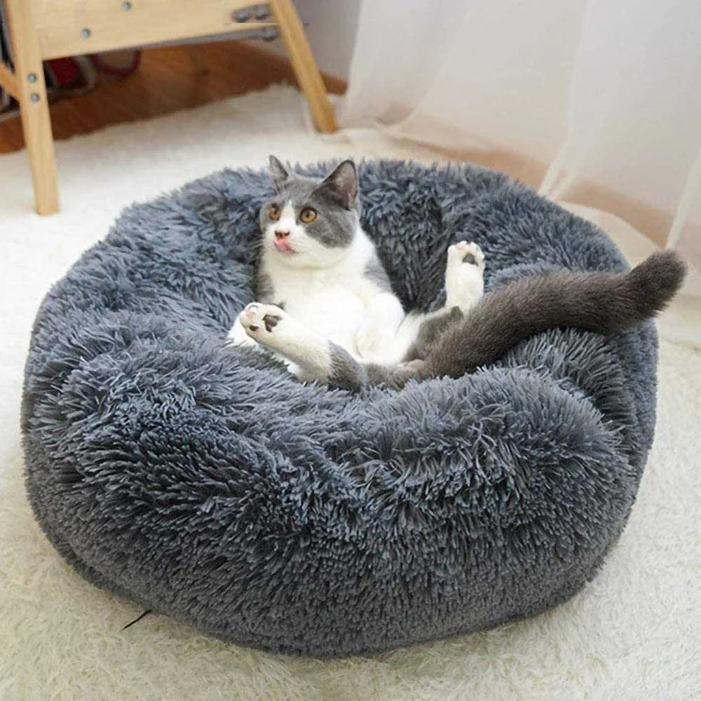 Süper Yumuşak Pet Kedi Yatak Kennel Yuvarlak Kış Sıcak Köpek Uyku Tulumu Yavru Yastık Mat Uzun Peluş Pet Yatak Sepeti Kedi Malzemeleri 210722