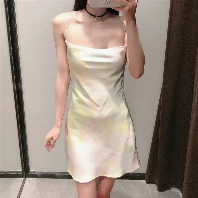 Summer Dress Women Tie Dye Satin Short Woman es Strappy Sexy Backless Slip Mini Club Party es 210519