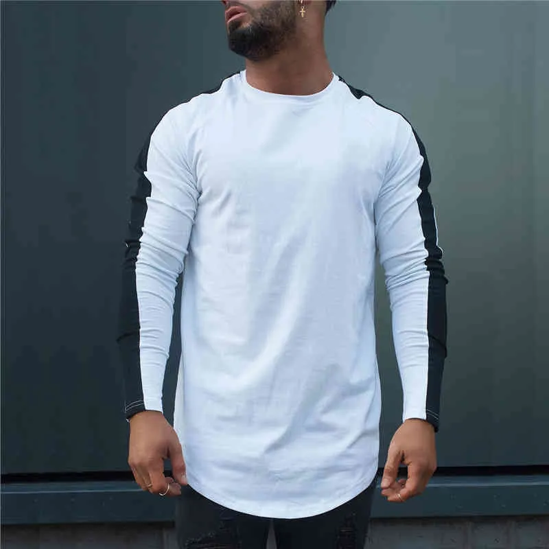 Muscleguys Marca T-Shirt Uomo Autunno Fitness Raglan Manica lunga T Shirt Uomo Extra Long Hip Hop Streetwear Slim Fit Tee Shirt 210421