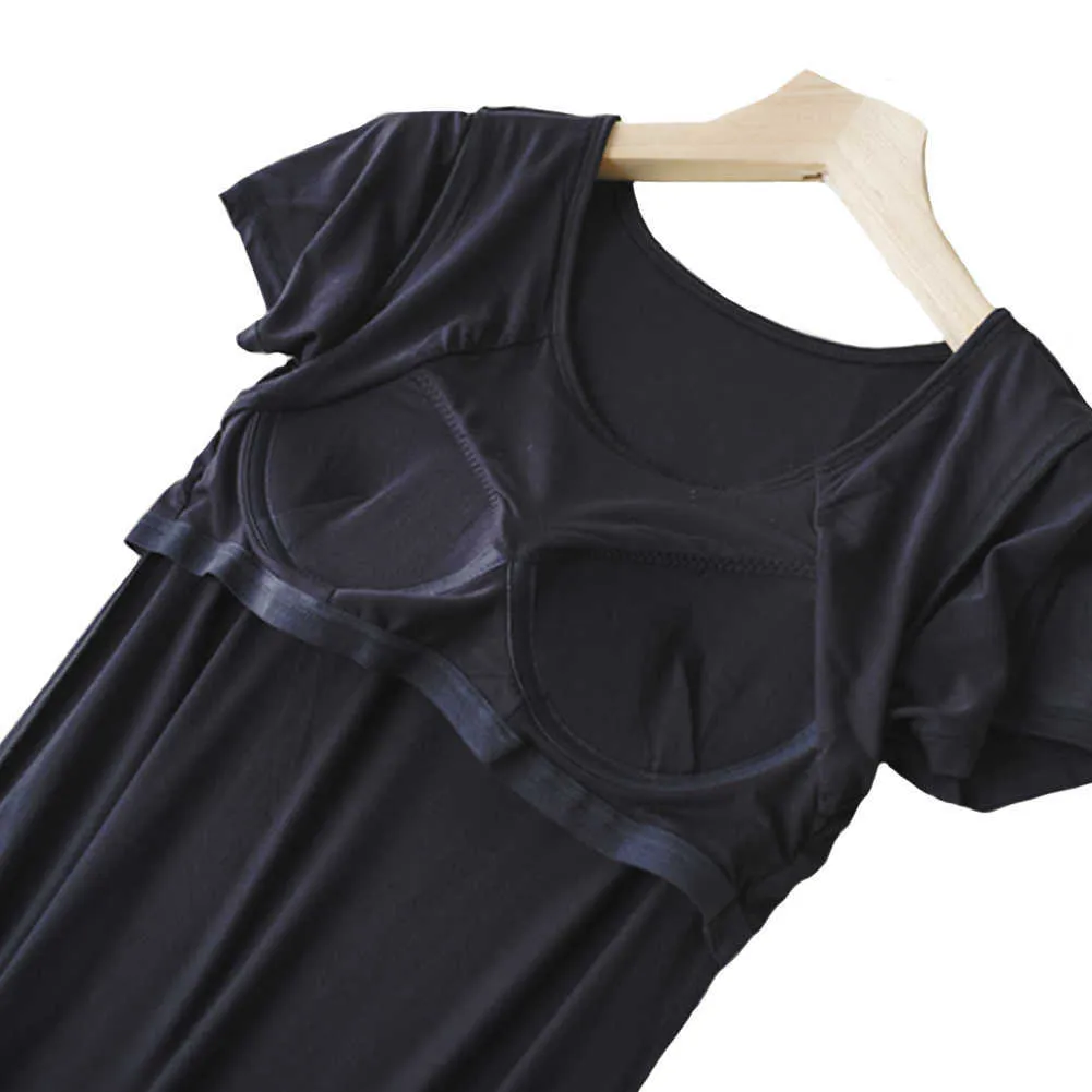 Mulheres Casual Noite Dress Sleepwear construído em sutiã acolchoado de manga curta Solid rounge feminino dormir 210924