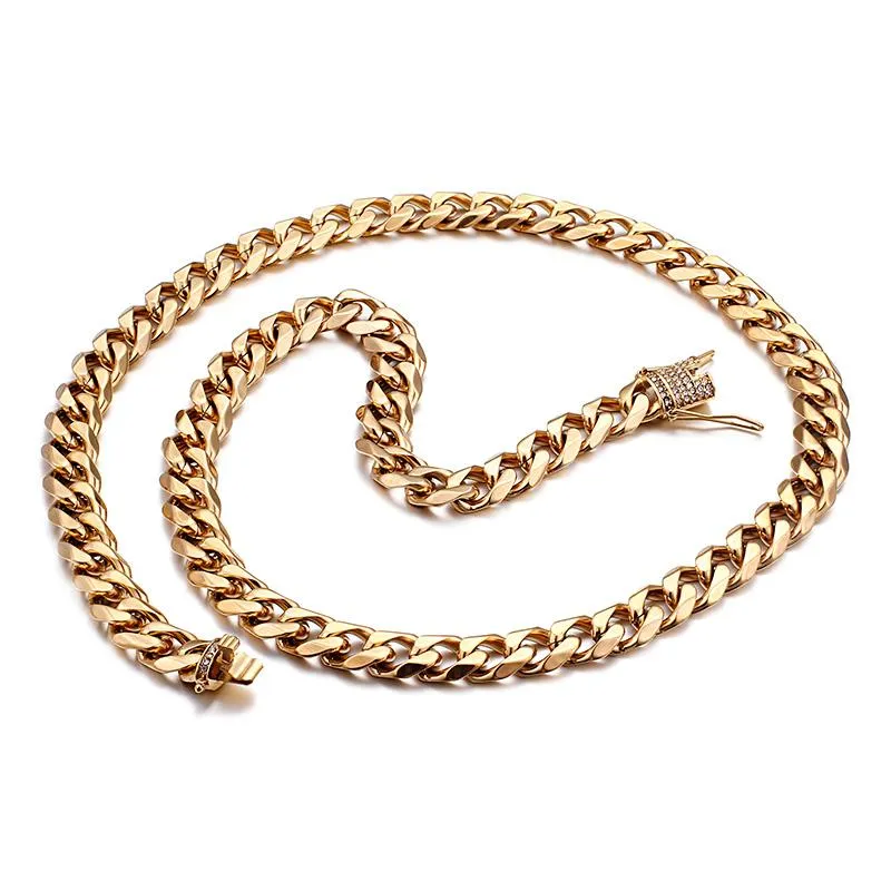 Hip-Hop Mens Jewelry Crystals CZ Stone Stainless Steel Fashion Large Curb Chain Necklace Gold Tone 15mm 76cm 30 Inch Chains273H