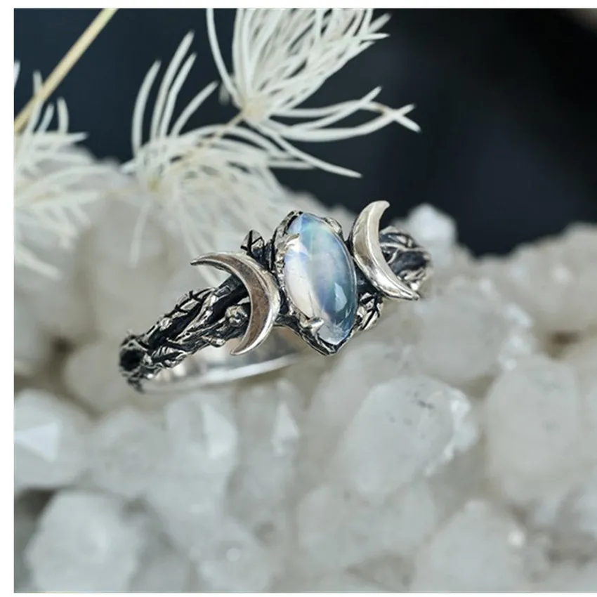 Женщина богемские кольца натуральный лунный камень драгоценный камень лунный кольцо обручальный вечер