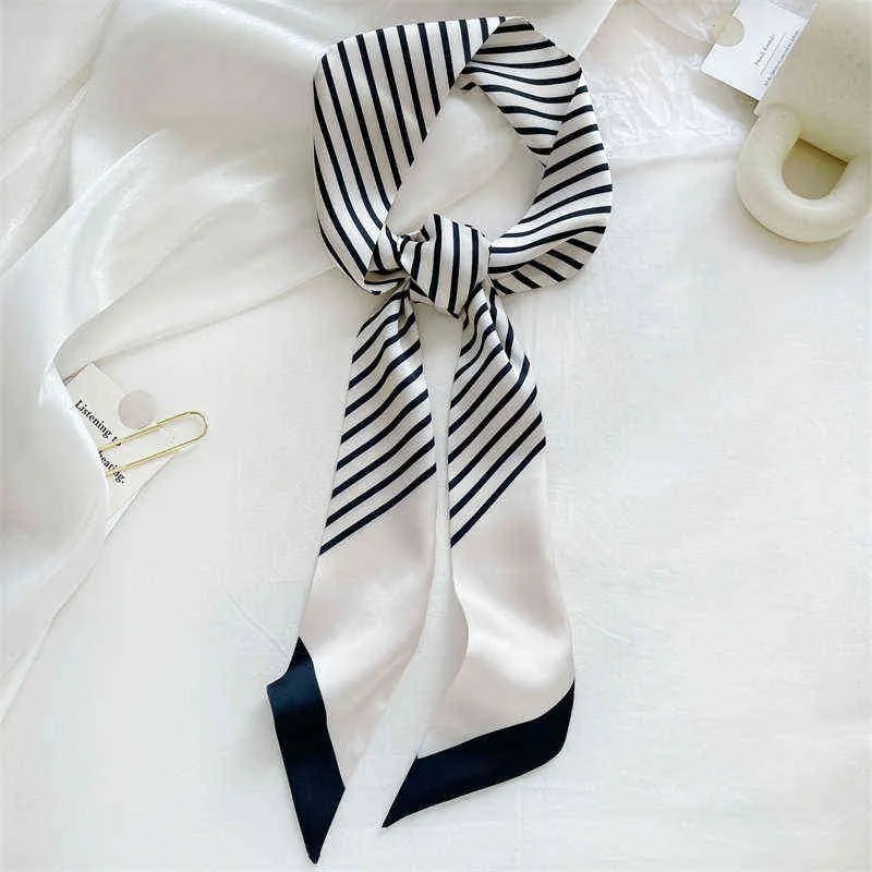 Luna&Dolphin French Twill Silk Skinny Scarf 95x5cm Chiffon Black White Striped Print Headband Bag Ribbon Neckerchief Wrist Towel Y1108
