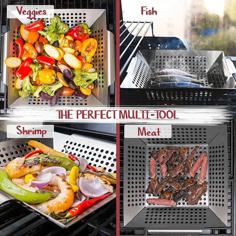 Vegetable Grill Basket Stainless Steel Square Grid Topper Barbecue Wok BBQ Accessories for Grilling Veggies Fish Kabob Pizza