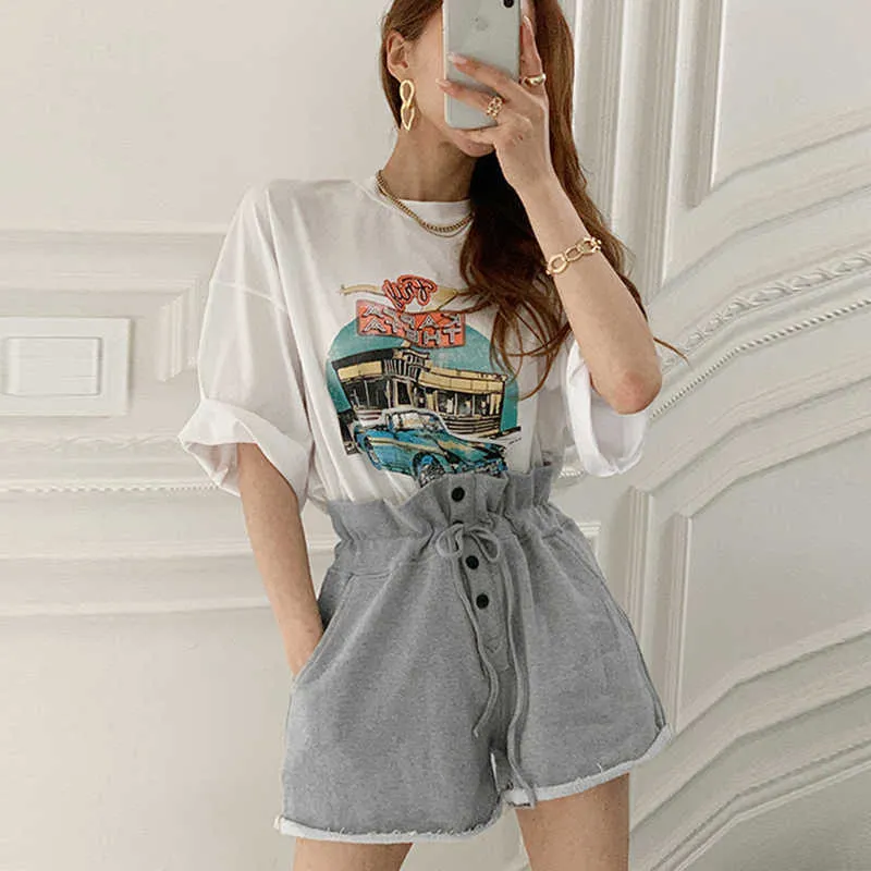 Korejpaa Kobiety Set Summer Korea Chic Redukcja Wieku Okrągły Neck Cartoon Drukuj Luźne Koszulka z krótkim rękawem Przyciski Casual Spodnie 210526