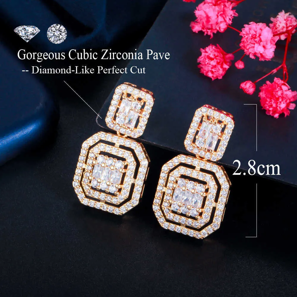 Delicado branco ouro cor cubic zircon quadrado soltar brincos de dangle para mulheres moda casamento casamento desgaste jóias cz865 210714