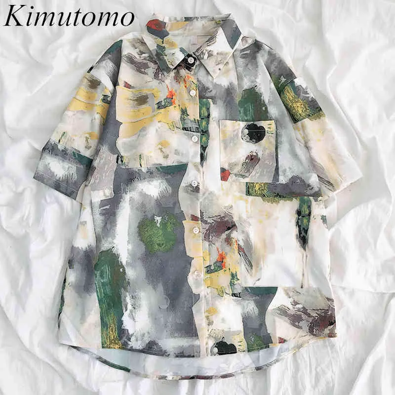 Kimutomo Vintage Oljemålning Utskrift Blus Kvinnor Nedgång Krage Kortärmad Singel Bröst Simple Shirt Fashion 210521