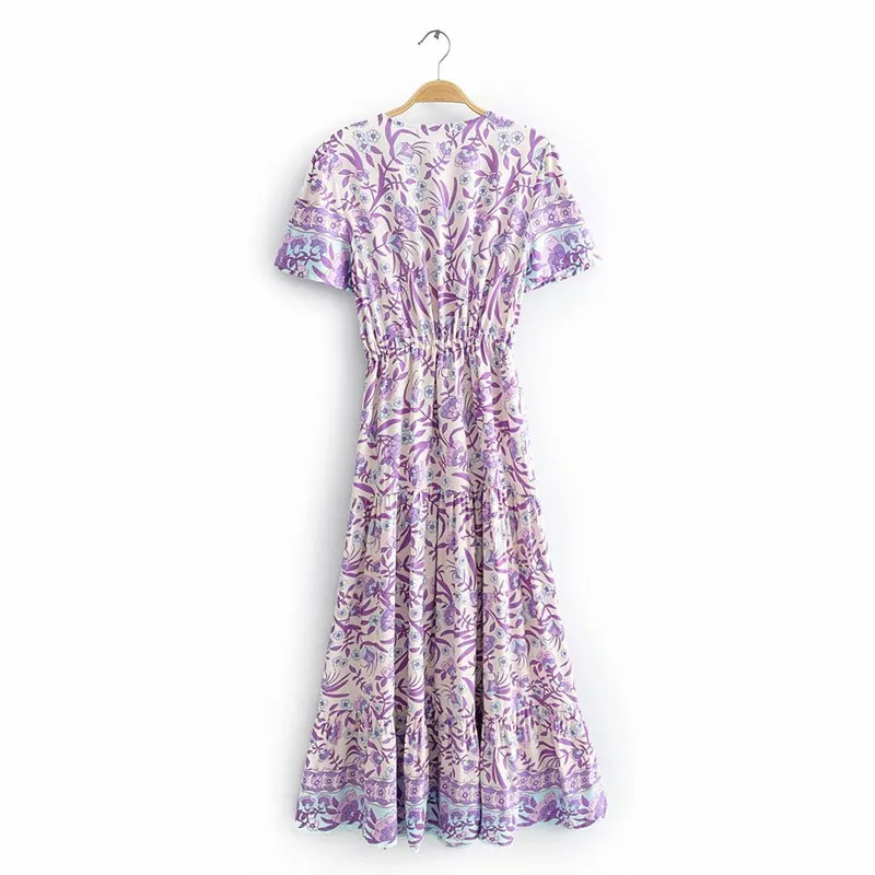 甘い女性vネック描画バックドレス夏のファッションレディースビーチスタイルかわいい女性紫色の花Aライン210515