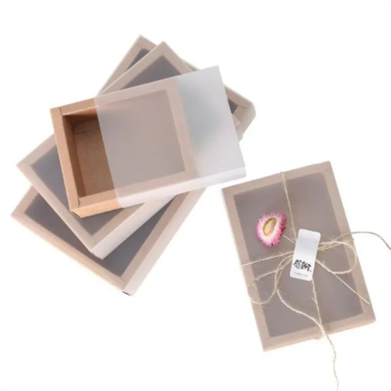 Enveloppe cadeau entier Couverture en PVC givrée Boîtes de tiroir en papier kraft Boîte de bricolage pour l'emballage de fête de mariage244c