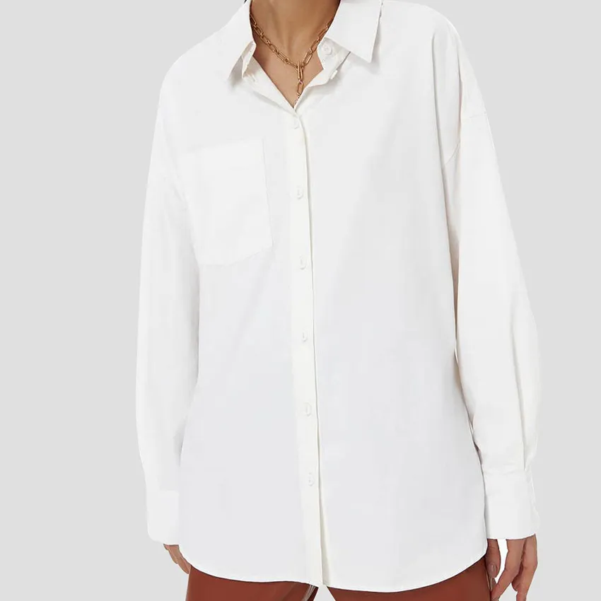 長袖の女性のブラウスシャツエレガントなゆるいポケットの古典的なベースホワイトレディーストップブラウス100％コットンシャツチュニックトップ210419