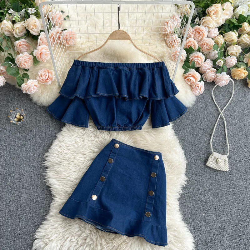 FTLLZ Zomer Casual Vrouwen Rok Twee Stuk Set Slash Hals Off Schouder Gepareerd Crop Top en Button Denim Mini Jurk 210423