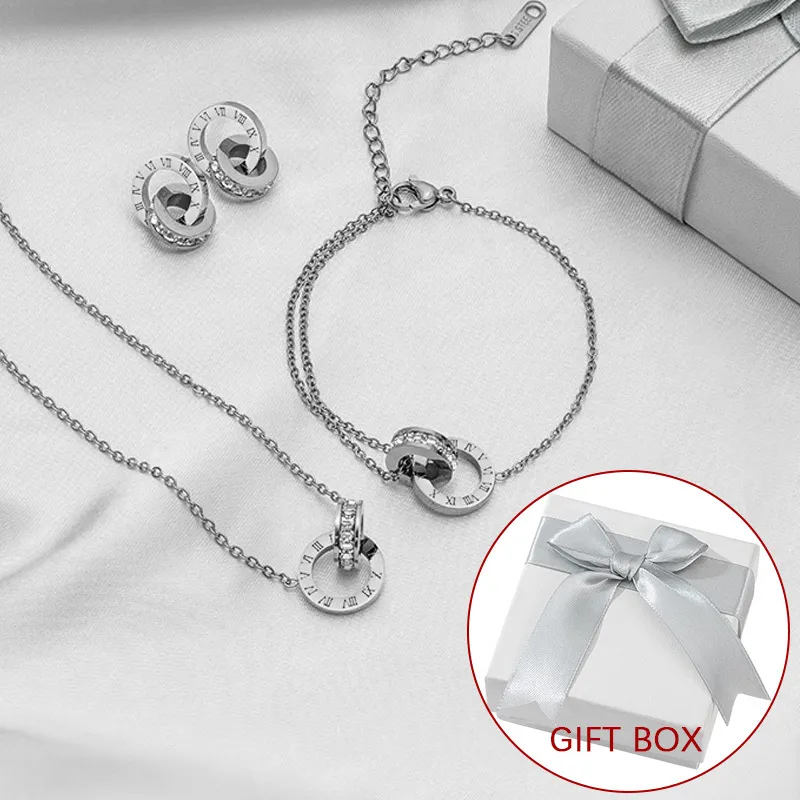 Luxury Elegant Roman Numeral Crystal Necklace Set For Women Fashion Stainless Steel Earrings 2021 Trend Wedding Jewelry