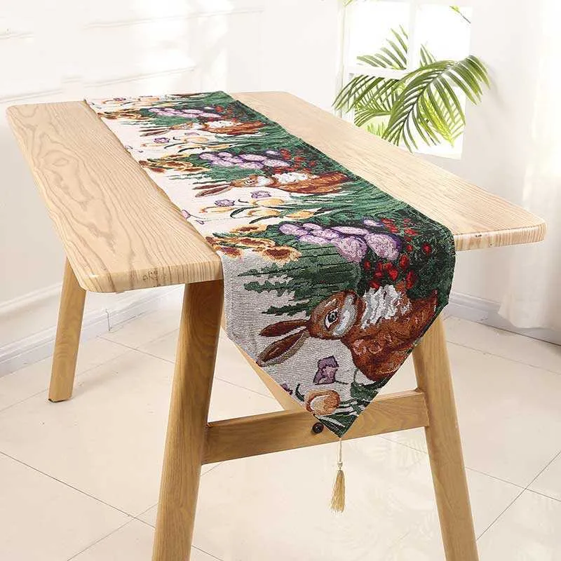 Påskkaninägg Rolig Enkel Polyester Broderi Kawaii Tassel Table Runner Tyg Mjuk Kaninmönster Bordduk 210708