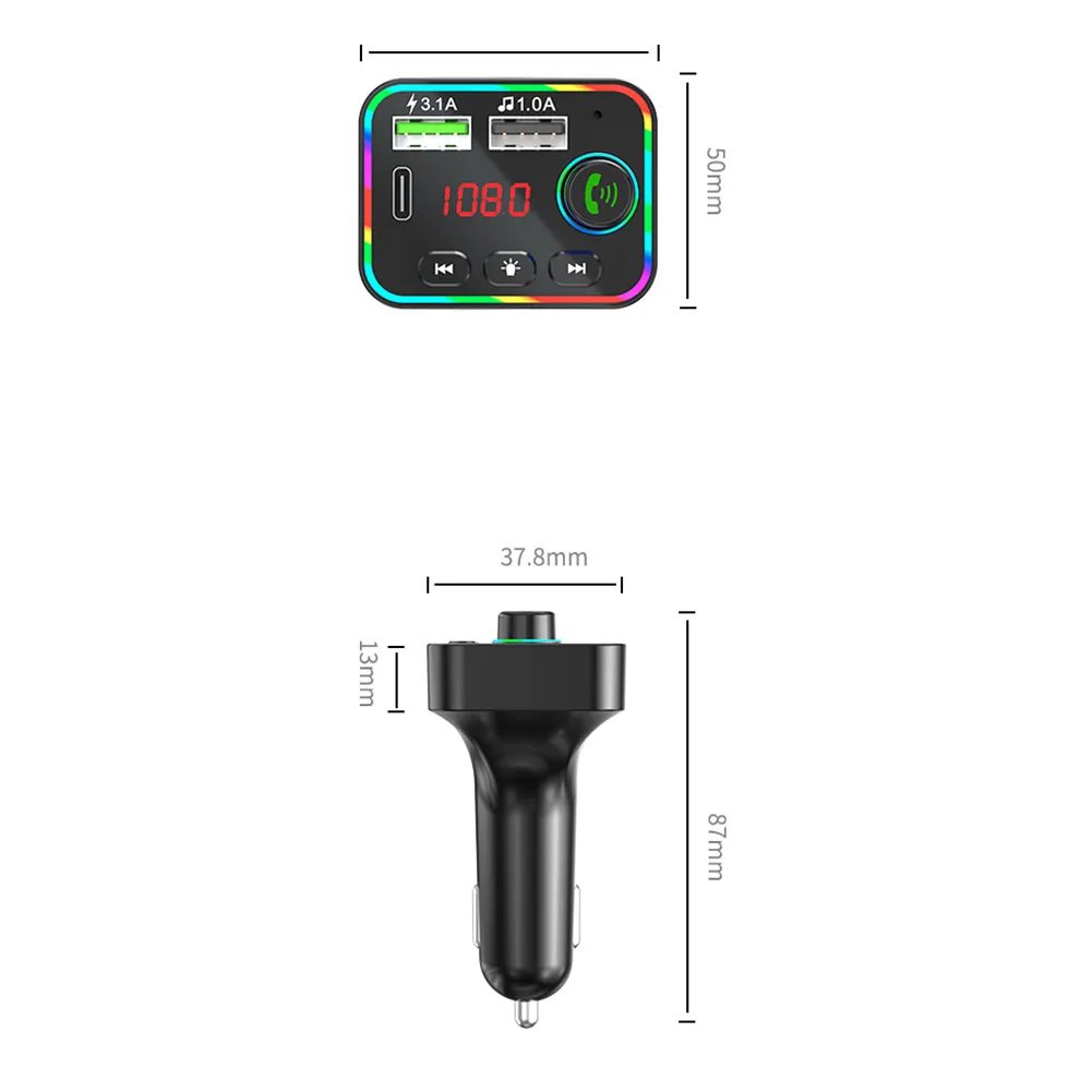 F4 Auto Bluetooth FM-zender MP3-speler USB-oplader Kleurrijke achtergrondverlichting Draadloze FM-radio Adapter Handsfree voor telefoon TF-kaart