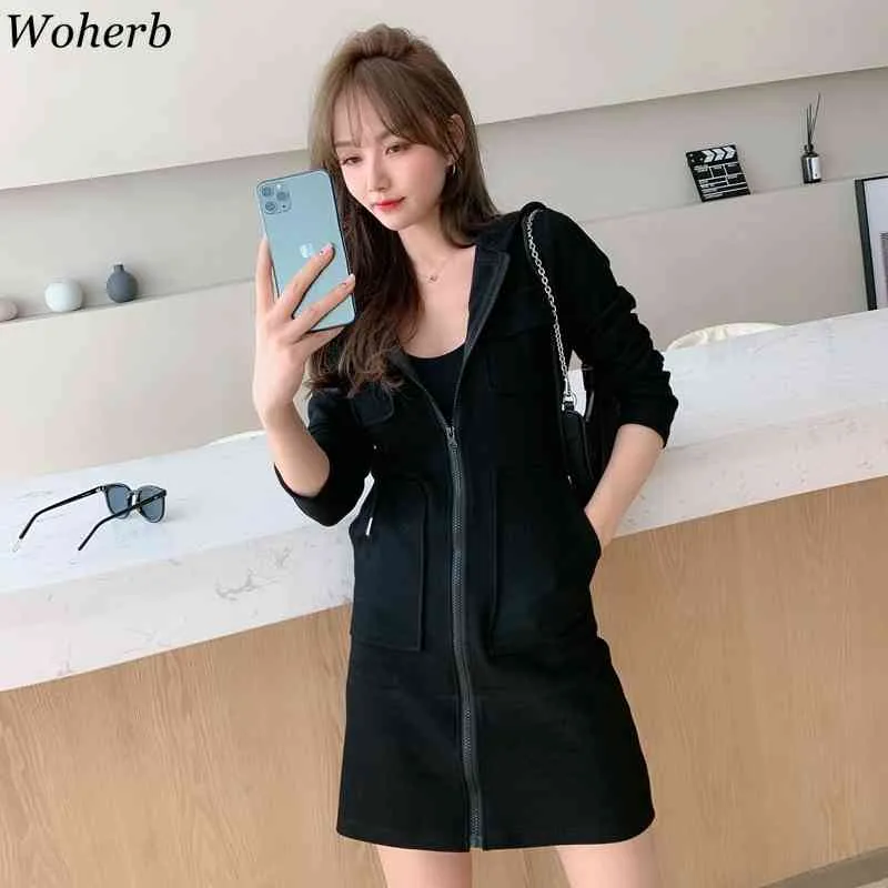 Casual Slim Sweat À Capuche Robe Femmes Mini Robe Cargo Poches Robes À Fermeture Éclair Coréen Sping Été Solide Vestidos 210519