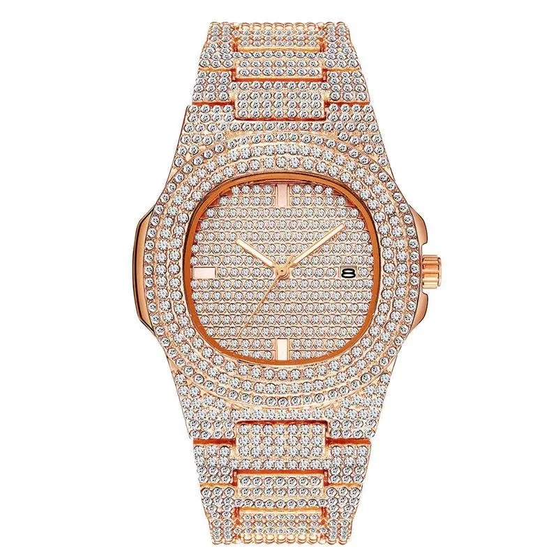 Masowe mężczyźni kobiety oglądają diament mrożone designerskie zegarki 18K złoty stal ze stali nierdzewnej ruch kwarcowy męski prezent żeńska