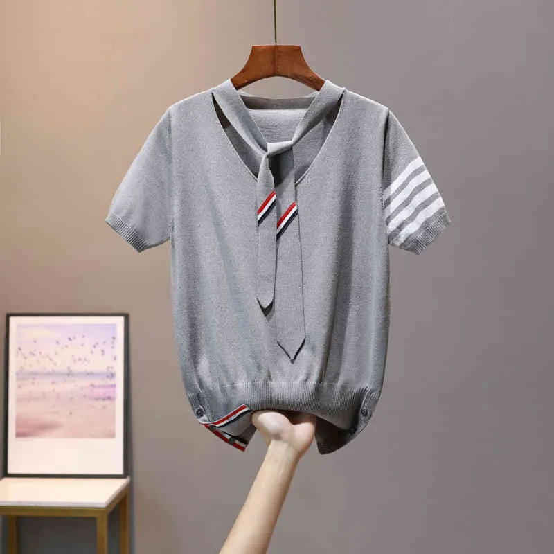 Mode kvinnors stickade tröja sommar temperament is silke topp v-nacke lös torn flytande slips t-shirt 210520