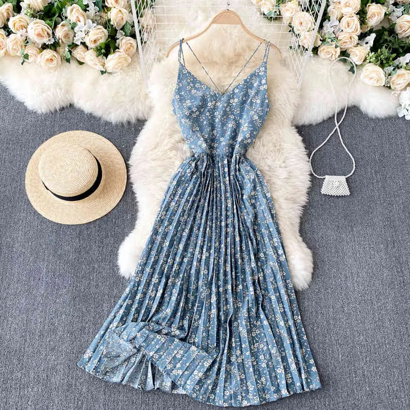 Singreiny Kobiety Kwiatowy Pasek Suknia Seksowna V Neck Bez Rękawów Bez Backless Dresses Linia Summer Boho Off Ramię Plised Beach Dress 210419