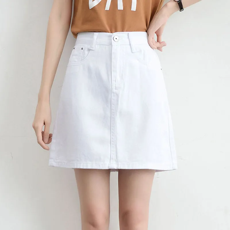 Vårkvinnor Denim Mini Skirt Hög midja Koreanska Svart Plus Storlek Bomull Korta Jeans S för Jupe Femme 9583 210508
