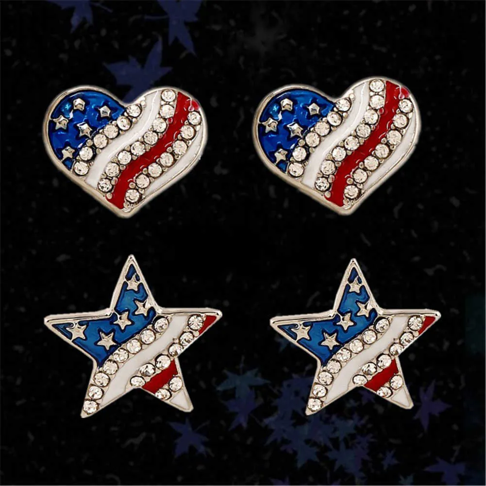 Donne strass stella amore cuore bandiera americana orecchini a bottone piercing orecchini regalo moda Q0709