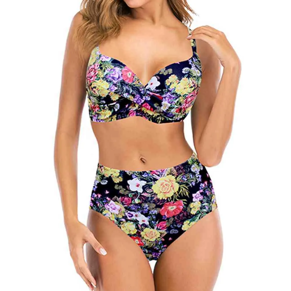 Push Up Swimsuit Kobiety Tankini Plus Size Swimwear Kwiatowy Druku Stroje kąpielowe Bandaż Sexy Bikinis Summer Beachwear Kostium kąpielowy 3XL 210604