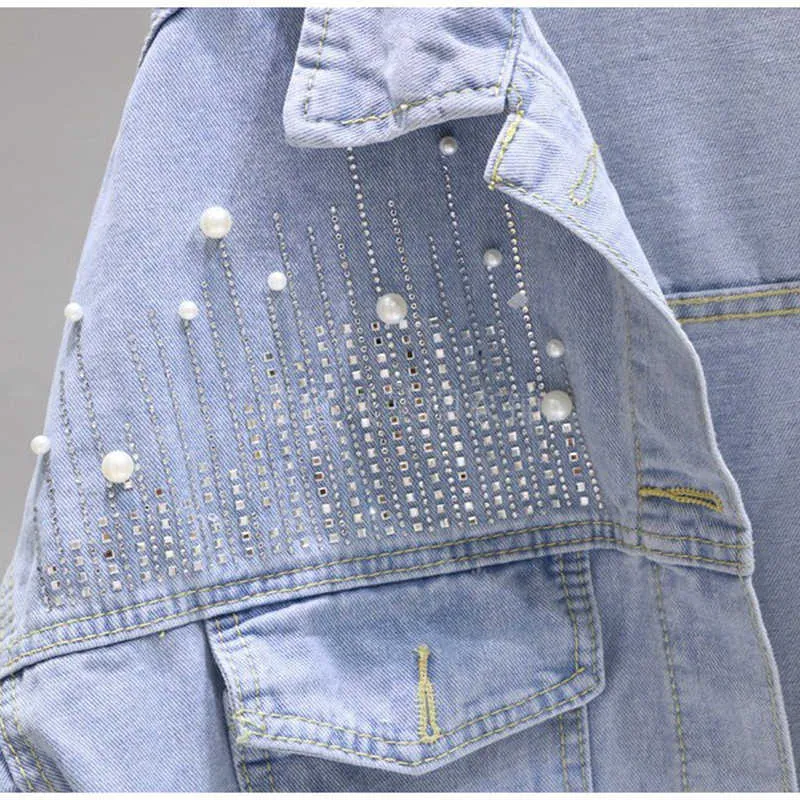 Automne Streetwear BF Lâche Jeans Veste Diamant Harajuku Trous Denim Manteau Femmes Bleu Clair Bomber 210531