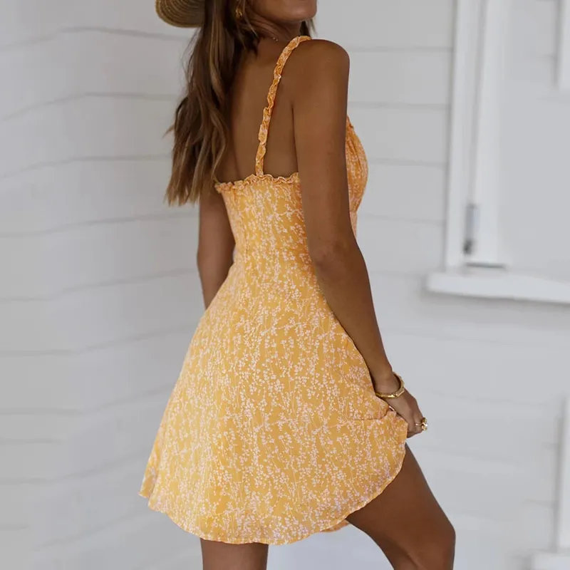 Foridol gul blommig tryck kort klänning kvinnor sommar boho avslappnad klänning elegant damer mini klänning vestidos 210415