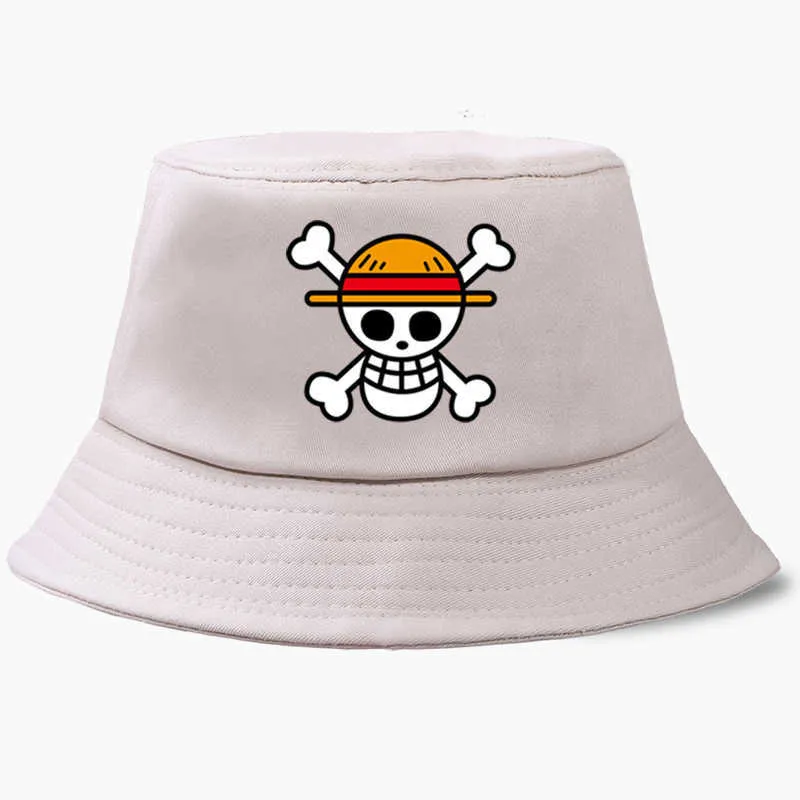 One Piece Bucket Hat Panama Cap Der Piratenkönig Anime Luffy Harajuku Damen Herren Baumwolle Outdoor Sonnenschutz Hüte mit breiter Krempe Q0805275J