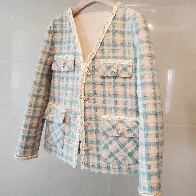 Arrivée printemps haute qualité Vintage Tweed veste manteau femmes Plaid gland mince laine vestes bureau travail porter Outwear 210529