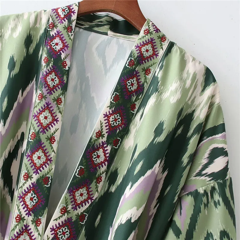 Abito Donna Kimono Midi Stampa Verde Cintura Estiva Donna Manica Lunga a Sbuffo Avvolgente Stile Giapponese es 210519