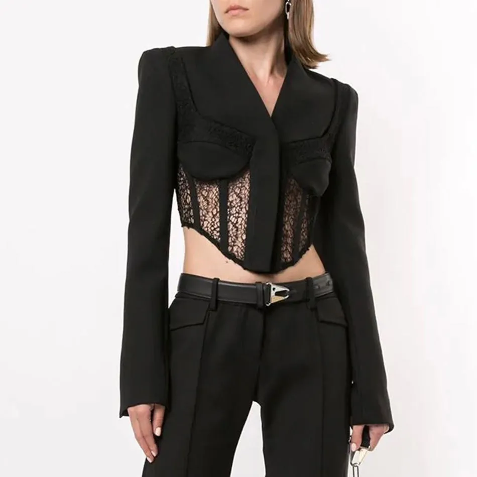 Gratis Patchwork Hollow Out Black Blazer för kvinnor V Neck Långärmad Lace Coats Kvinna Höst Mode Kläder 210524