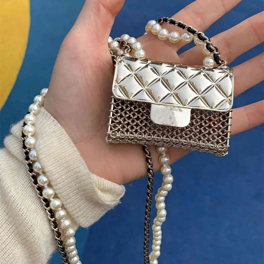 Vintage Chain Wedding Pearl Double Layer Mini Diagonal Metal Medium Heavy Industry Small Square Bag Necklace5691475