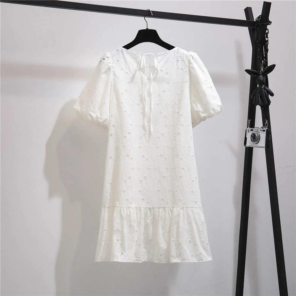 Kadınlar Yaz Oymak Elbise Rahat Gevşek Puf Kollu Ruffles Ofis Kore A-Line Katı Streetwear Kısa 210529