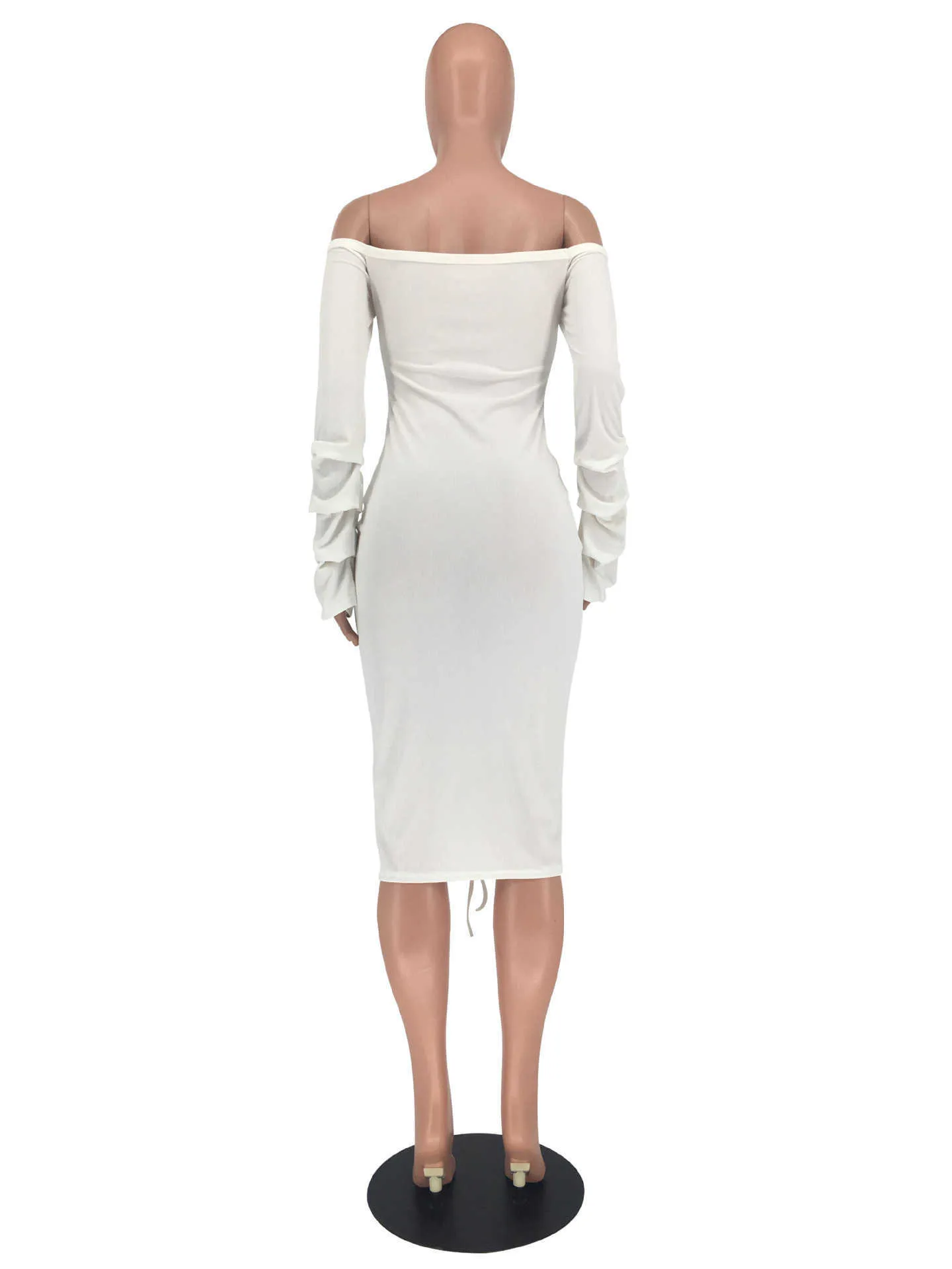 フレアスリーブプリーツの描かれた層状の巾着白い秋の秋のドレスを持つ長袖のオフショルダーのセクシーぴっぺるドレスy1006