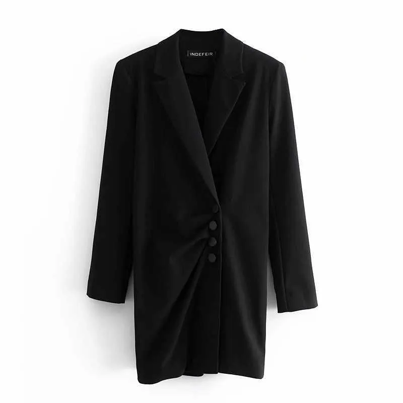 Za vintage svart blazer klänning kvinnor långärmad axelkuddar kontor dam klänningar kvinnlig chic framknapp wrap vestido 210602