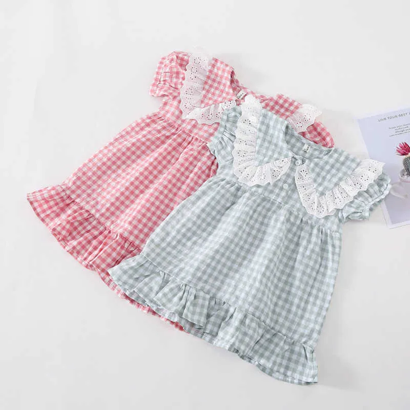 Zomer Koreaanse katoenen Puff Sleeve Plaid Meisjes Prinses Jurk Kant-ene Sailor Collar Kids Baby Meisjes Kinderkleding 210615