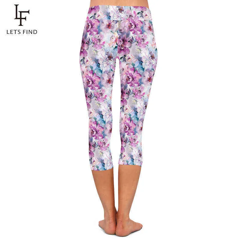 LETSFIND été belles fleurs imprimer Leggings taille haute grande taille doux et confortable Fitness mi-mollet 210925