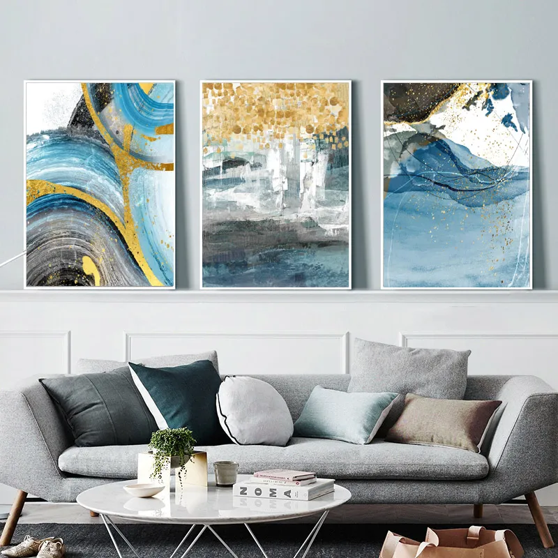 Nórdico azul abstrato poster lona pintura de parede de parede folha de ouro imagem hd para sala de estar decoração de casa sem moldura