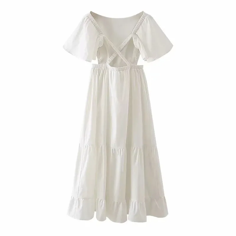 Sommer Frauen Backless Design Weiß Midi Kleid Weibliche Flare Hülse Kleidung Casual Dame Lose Vestido D7551 210430