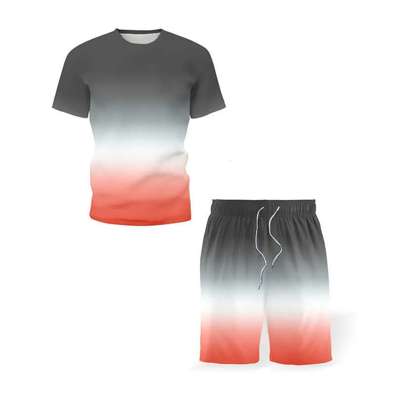 Sommar män sätter Patchwork Print T-shirt + Shorts Suit Set Casual Tracksuits Sets Streetwear Camisa Masculina 210714